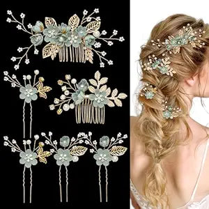 6 Pcs Bridal Hair Accessories French Hair Side Combs and Hair Pins,Gold Wedding Jewelry Headpiece with Rhinestone for Brides Bridesmaids Women Girls(Green Flower）