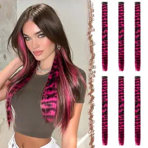 FESHFEN Leopard Printed Clip in Hair Extensions - 6PCS Hot Pink Long Synthetic Straight Clip in Hair Extensions Stripe Printed Hairpiece Colorful Accessories for Women 18 Inch