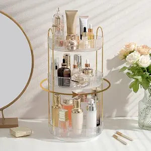 Aveniee 3-Tier 360 Rotating Makeup Organizer, Clear Spinning Perfume Cosmetic Storage for Vanity Countertop, Sturdy Metal Pole Skincare Holder Stand for Bathroom Dresser, White