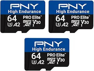 PNY 64GB PRO Elite High Endurance C10 U3 V30 A2 microSDXC  Up to 17.2K Continuous Recording Hours, Up to 100MB/s Read, 4K UHD, Full HD, UHS-I, Surveillance, Home Security, Dash Cam, 3-Pack