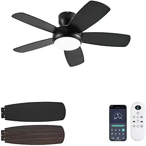 KNUN 42 Inch Ceiling Fan with Light and Remote/App Control, Low Profile Ceiling Fans with Lights,Flush Mount, Double-sided Blades, 3CCT, Dimmable, Noiseless, Black Ceiling Fan for Indoor/Outdoor Use