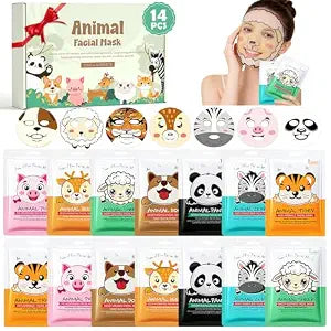 Animal Face Masks Skincare, 14 Sheets Hydrating Skin Care Face Masks for Women, Bulk Spa Facial Masks Set for Night Sleepover Party, Christmas Birthday Gifts
