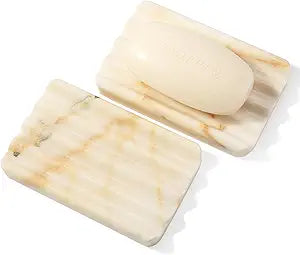 Koville 2PCS Natural Marble Soap Dishes for Shower, Golden Calacatta Marble Soap Dish, Stone Soap Tray for Bathroom, Bar Soap Holder for Sink, Stripe Grooves Saver Keep Bars Dry Easy Clean