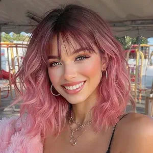 Nnzes Pink Wig with Bangs for Women Short Bob Wavy Charming Synthetic Wigs with Natural Shoulder Length Curly Heat Resistant Fiber Hair for Daily Party Use