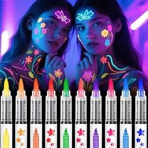 10 Neon Black Light Body Markers, Glow in the Dark Face Paint UV Tattoo Pen