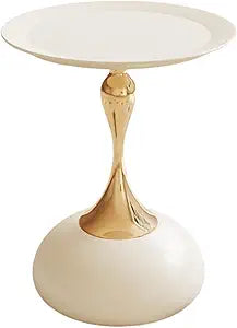 Metal Round End Table,Modern Pedestal Table,Corner Drink Tables,Accent Side Table Nightstand for Living Room,Patio and bar (White-Gold)
