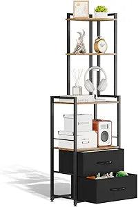 PouHenier.jh 6 Tier Corner Shelf with Drawer, Living Room Rustic Brown 58" Tall Floor Standing Storage Organizer with Anti-tip, Stable Bedroom Nook Space Saving Open Display Antique Ladder Stand Unit