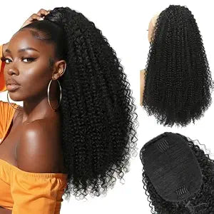 Drawstring Ponytail Extension for Black Women Long Kinky Curly Pony Tails Hair Extensions 22" Fluffy Natural Looking Synthetic Hairpiece for Daily Use (1B#, 22 Inch)