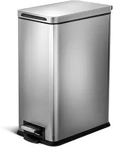 Home Zone Living 8 Gallon Slim Kitchen Trash Can with Soft Close Lid, Step Pedal, Bag Tuck Band, and Removable Liner, Stainless Steel, Silver