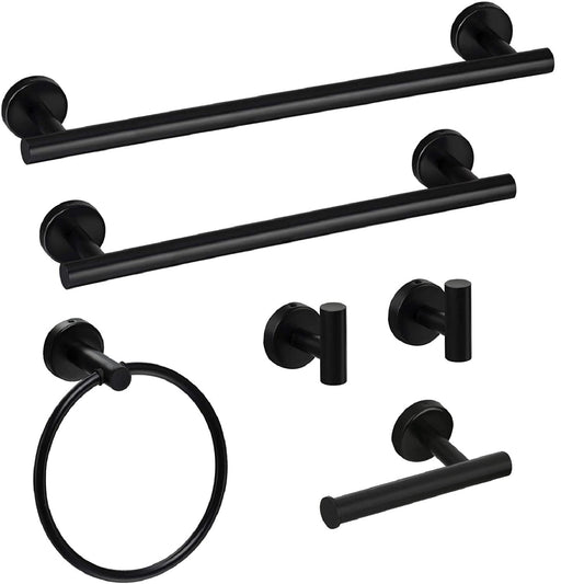 6 Pcs Bathroom Hardware Set,Stainless Steel Round Wall Mounted Includes Hand Towel Bar,Toilet Paper Holder,Robe Towel Hooks,Bathroom Accessories Kit,Black