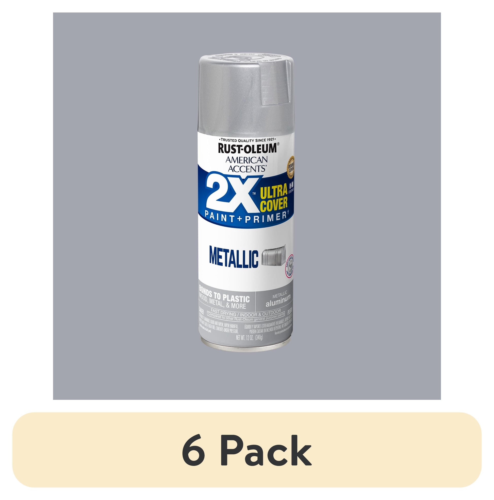 (6 pack) Aluminum, Rust-Oleum American Accents 2X Ultra Cover Metallic Spray Paint-327907, 12 oz