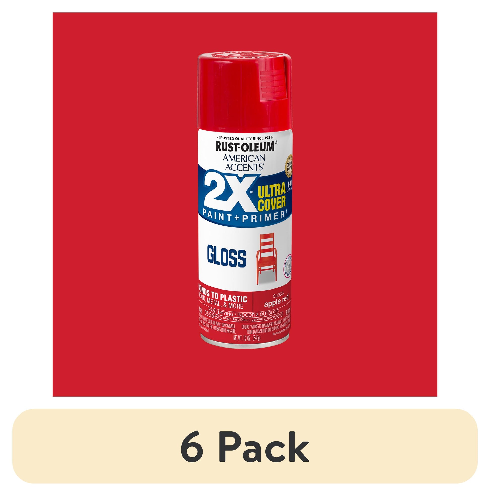 (6 pack) Apple Red, Rust-Oleum American Accents 2X Ultra Cover Gloss Spray Paint-327875, 12 oz