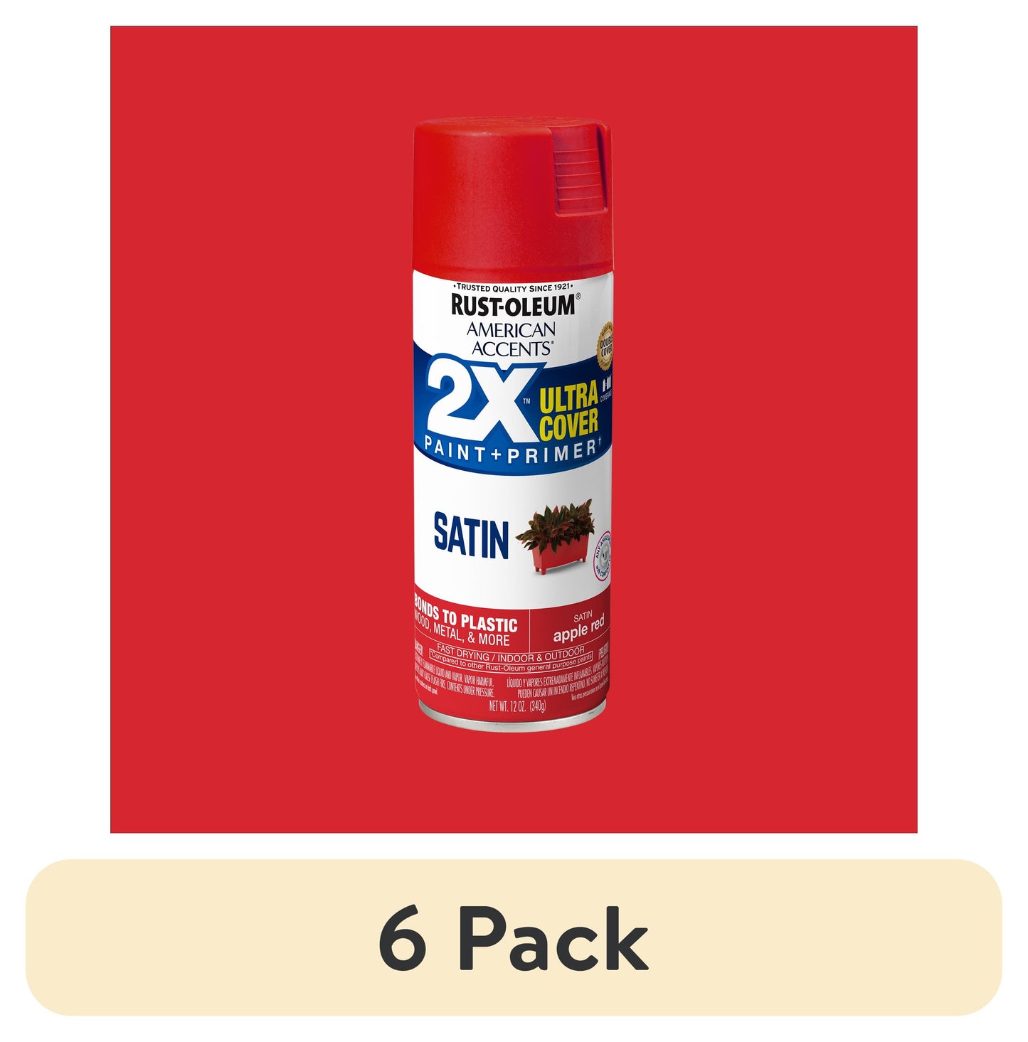 (6 pack) Apple Red, Rust-Oleum American Accents 2X Ultra Cover Satin Spray Paint-327938, 12 oz