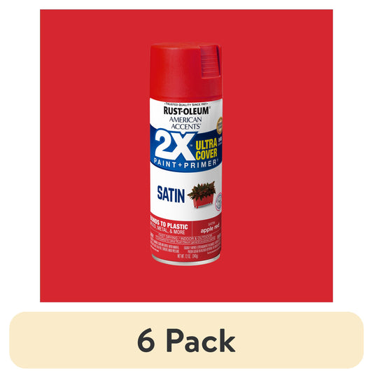 (6 pack) Apple Red, Rust-Oleum American Accents 2X Ultra Cover Satin Spray Paint-327938, 12 oz