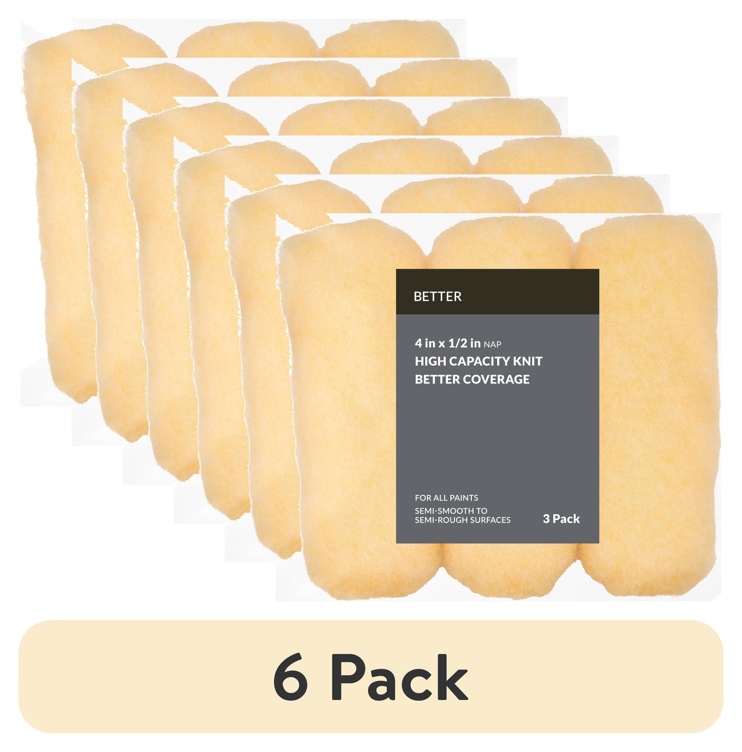 (6 pack) BETTER 4 in x 1/2 in nap High Density Knit Paint Mini Roller, 3 Pack