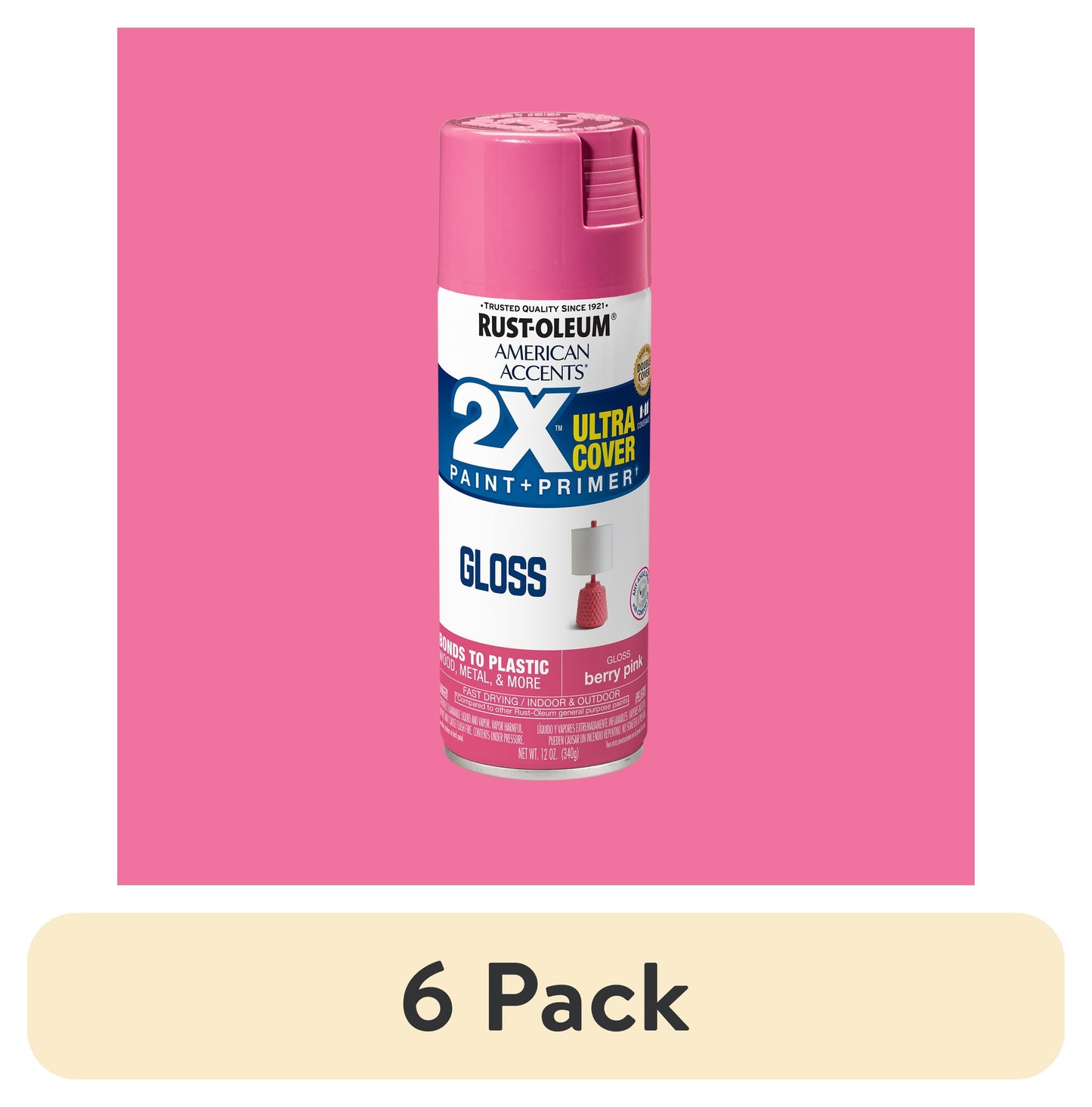(6 pack) Berry Pink, Rust-Oleum American Accents 2X Ultra Cover Gloss Spray Paint-327876, 12 oz