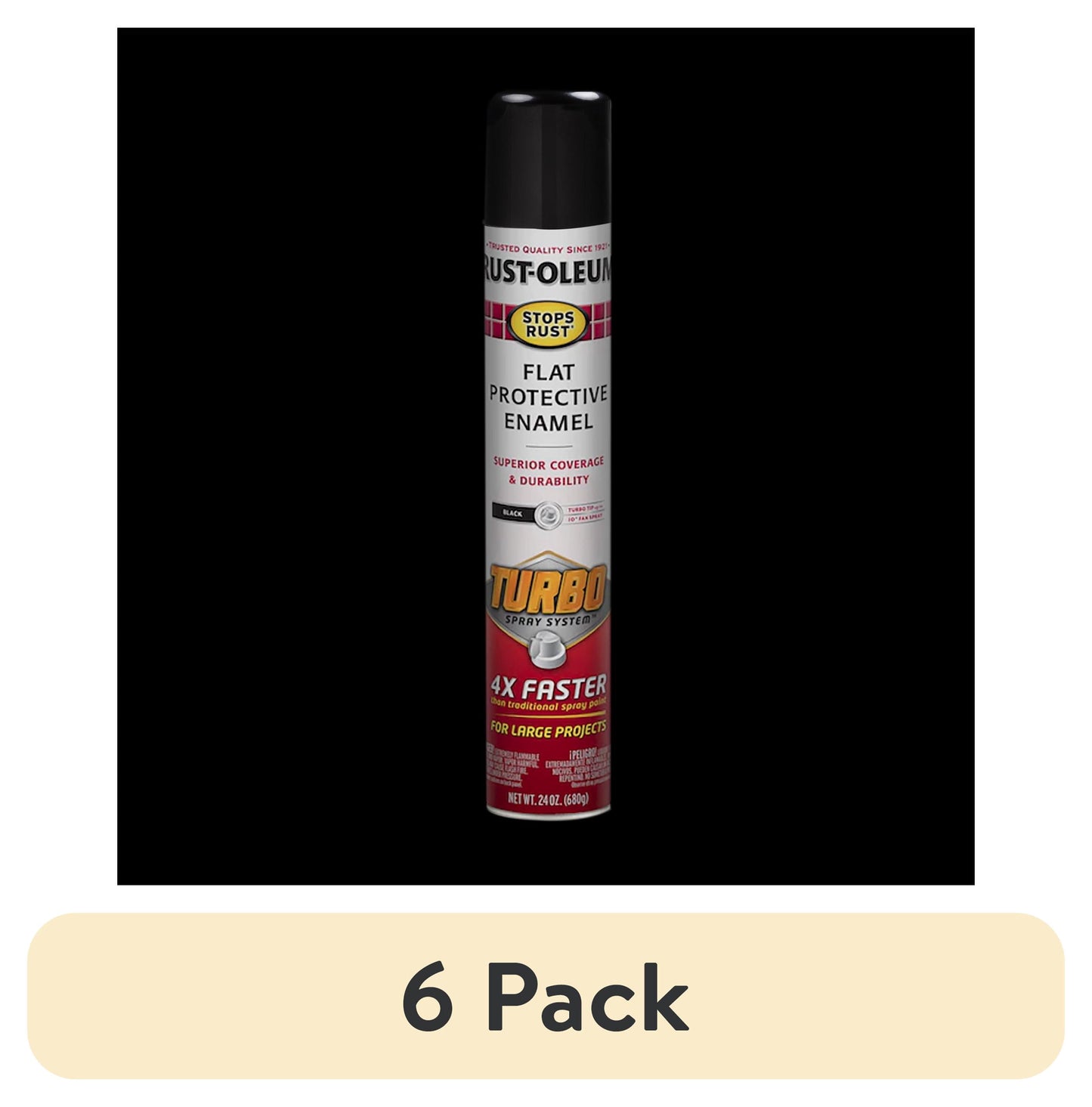 (6 pack) Black, Rust-Oleum Stops Rust Flat Turbo Protective Enamel Spray Paint-376298, 24 oz