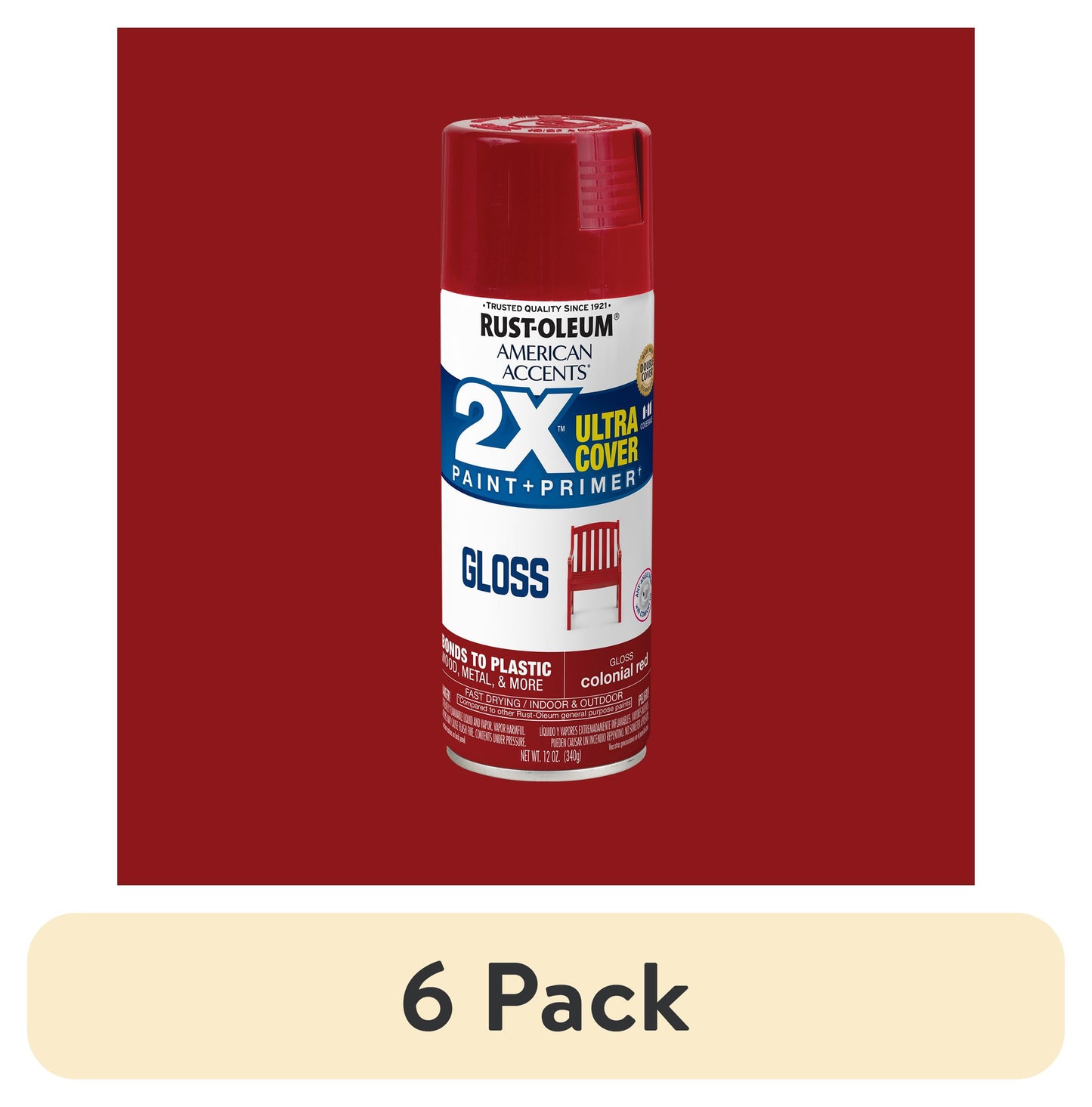 (6 pack) Rojo Colonial, Rust-Oleum American Accents 2X Ultra Cover Pintura en Aerosol Brillante-327877, 12 oz