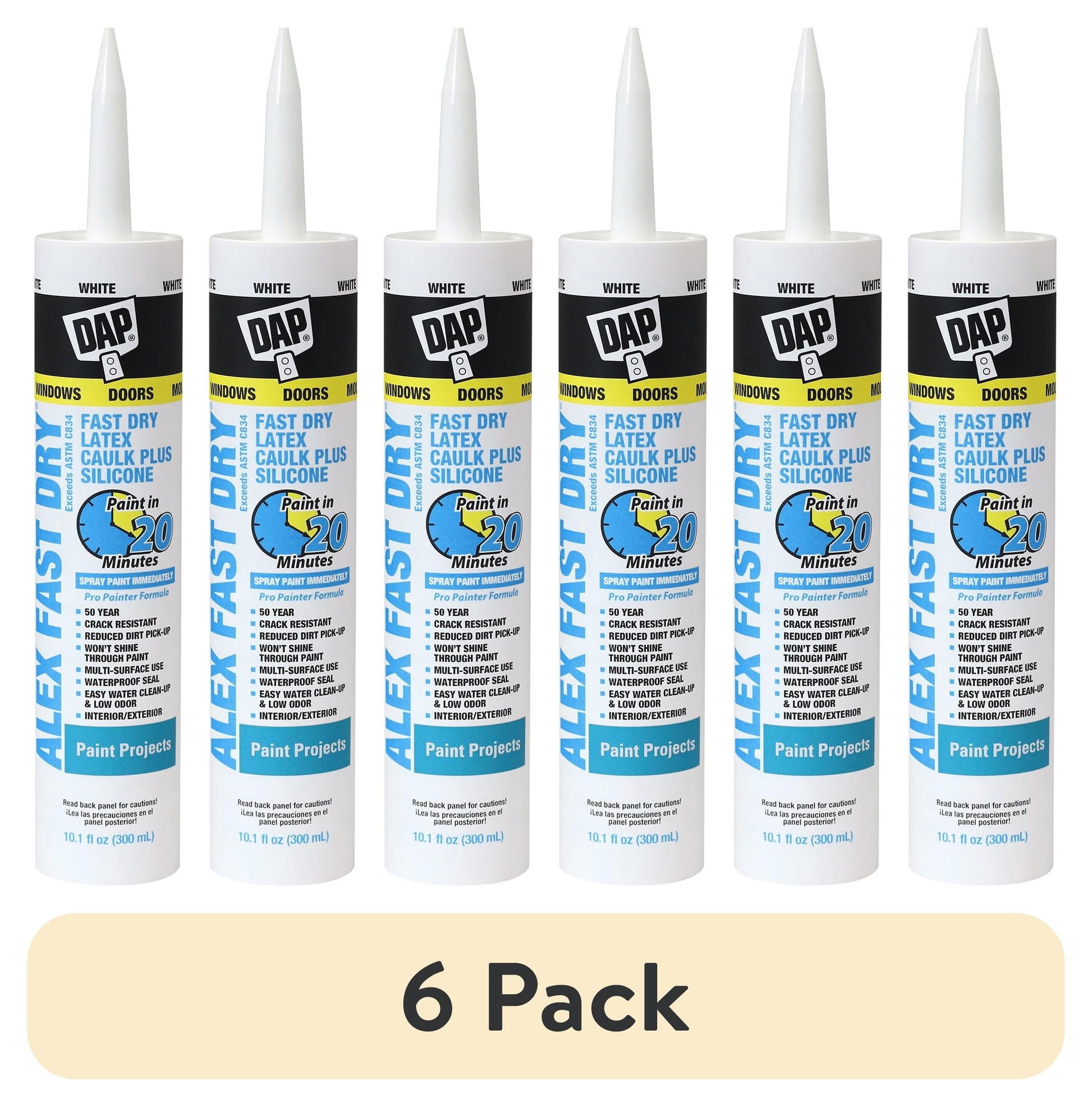 (6 pack) DAP Alex Fast Dry 10.1 oz White Acrylic Latex Silicone Caulk