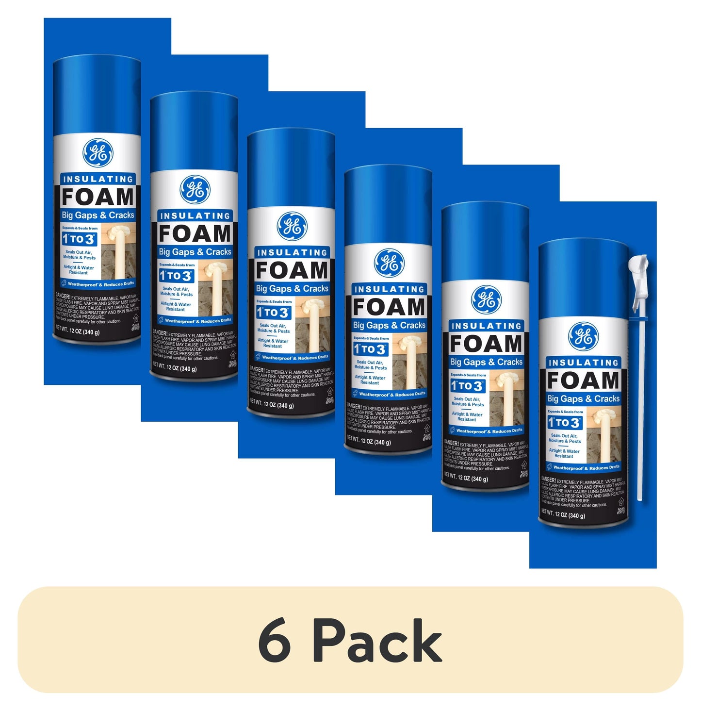 (6 pack) GE Big Gaps & Cracks Insulating Foam, Pack of 1, Yellow 12 oz Can