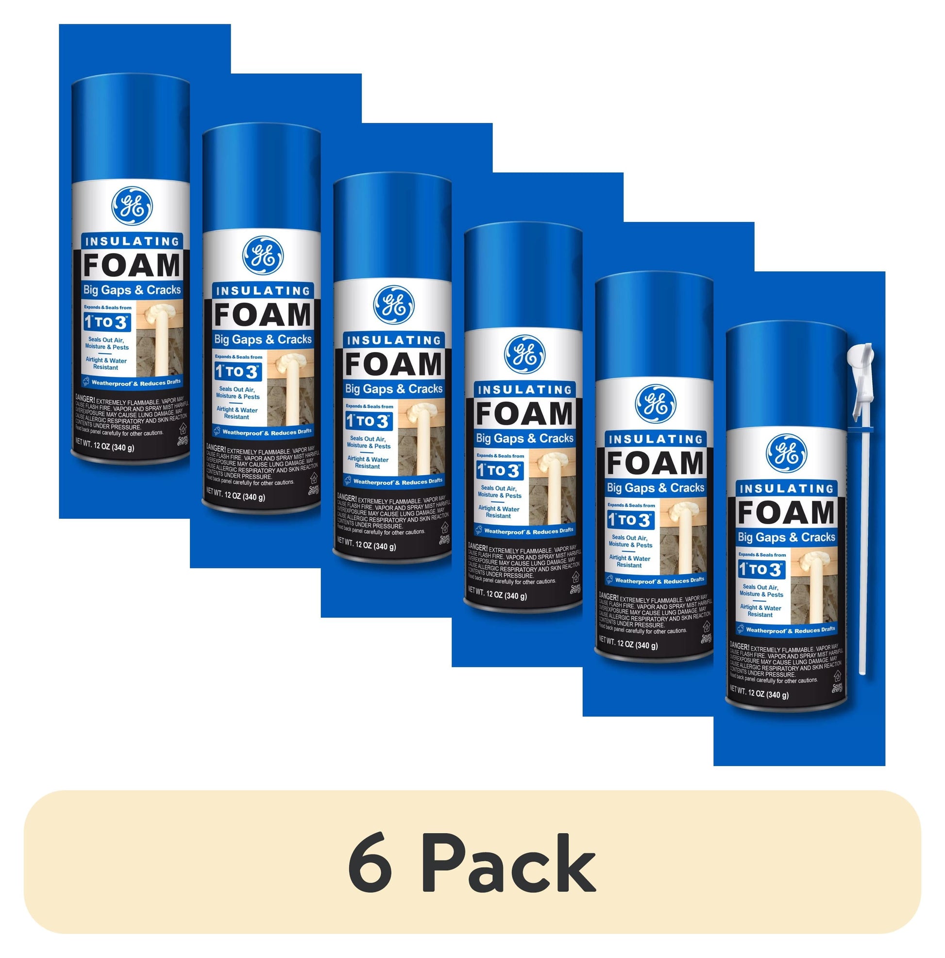 (6 pack) GE Big Gaps & Cracks Insulating Foam, Pack of 1, Yellow 12 oz Can