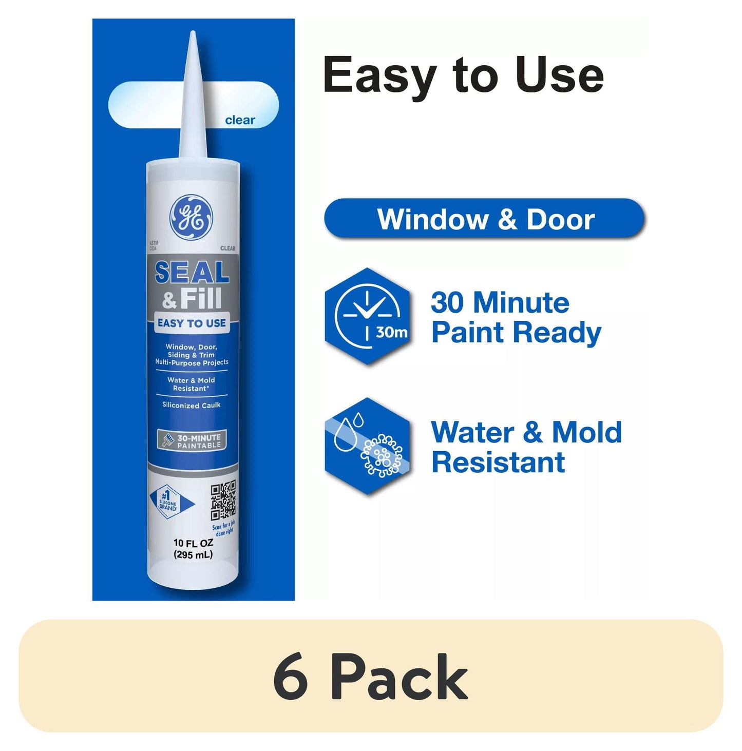 (6 pack) GE Seal And Fill Multipurpose Window & Door, Pack of 1, Clear 10 fl oz Cartridge