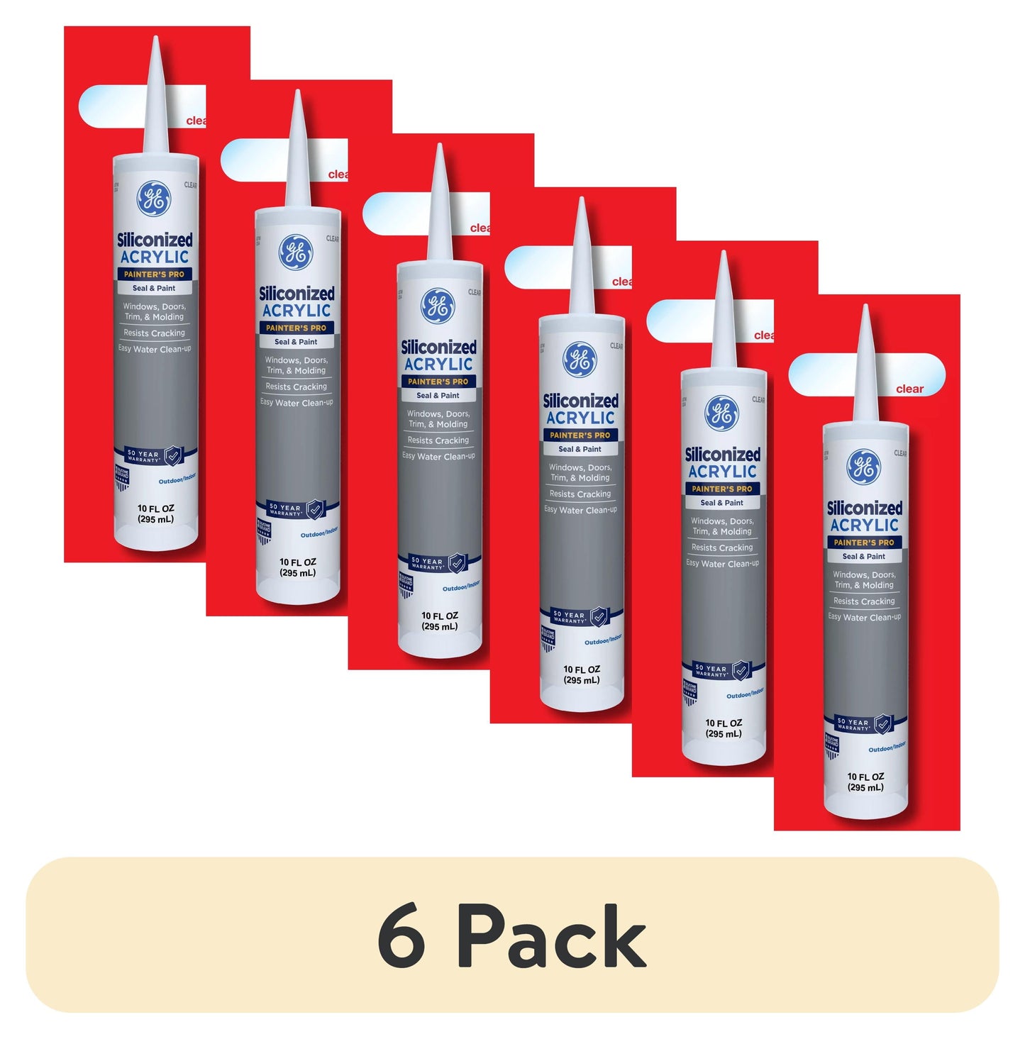 (6 pack) GE Siliconized Acrylic Painters Pro Sealant Seal & Paint, Pack of 1, Clear 10 fl oz Cartridge