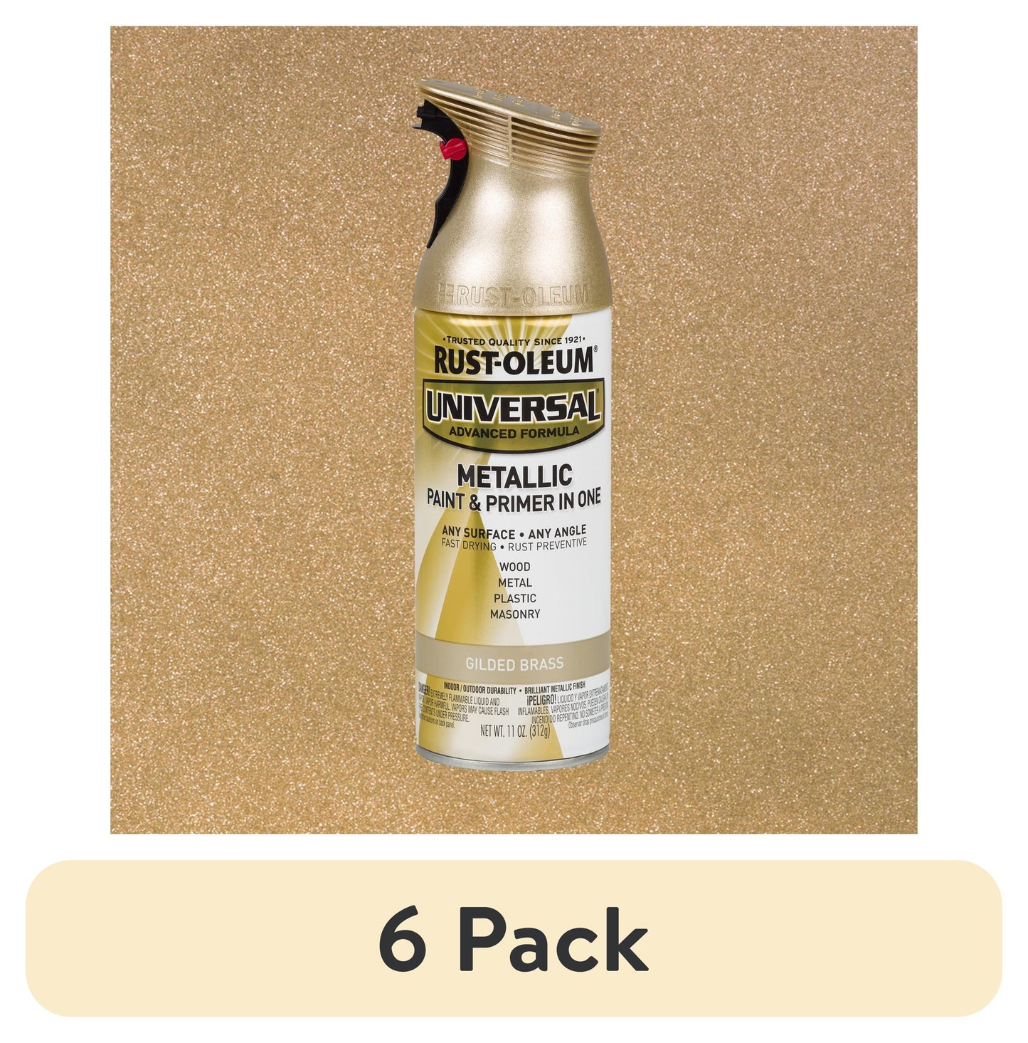 (6 pack) Gilded Brass, Rust-Oleum Universal Metallic Paint & Primer Spray Paint-330504, 11 oz