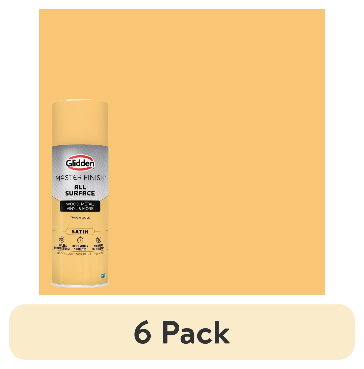 (6 pack) Glidden Master Finish 12 oz. Satinado Yukon Gold Interior/Exterior para Todas las Superficies Pintura en Aerosol y Primer
