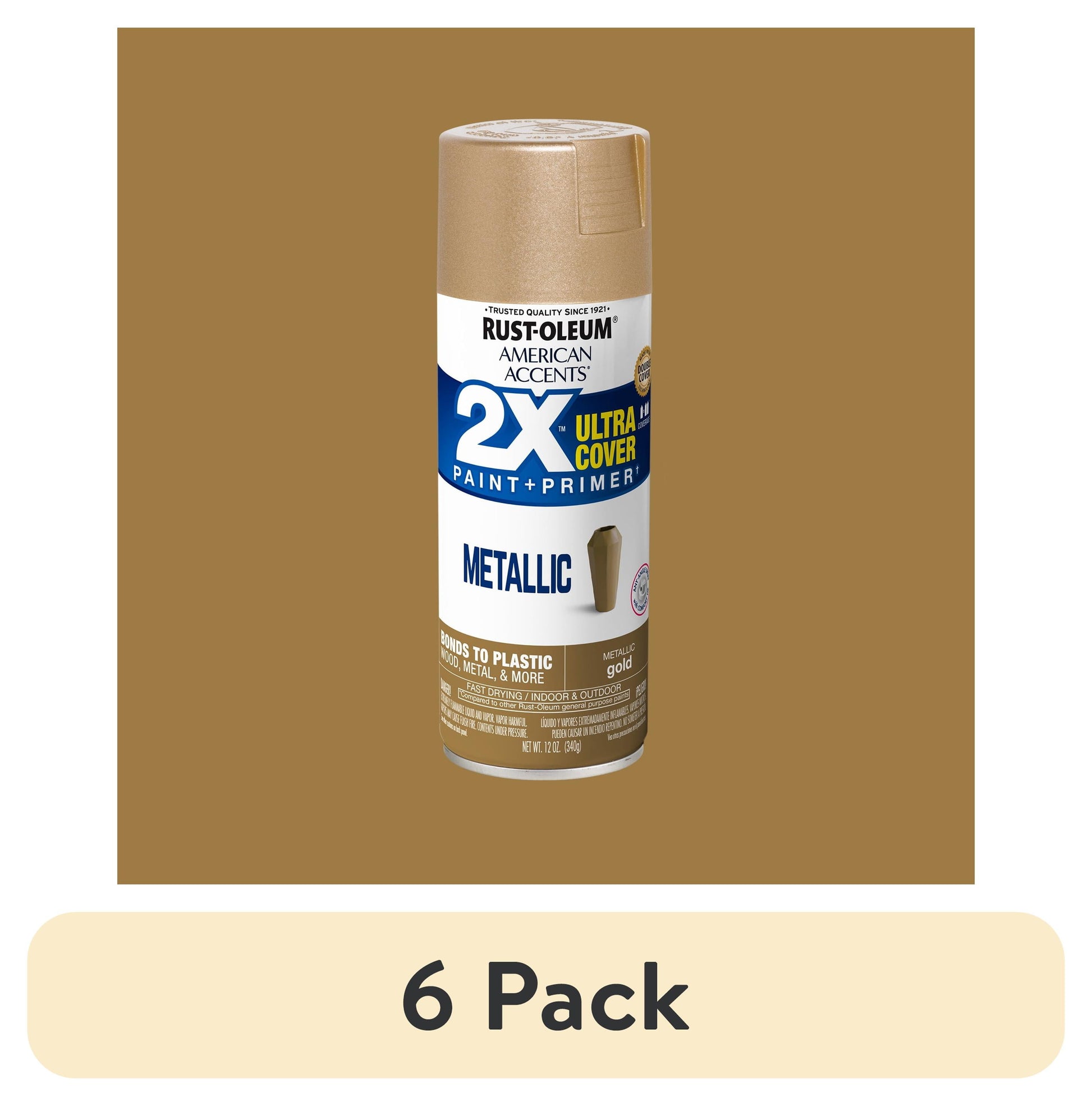 (6 pack) Gold, Rust-Oleum American Accents 2X Ultra Cover Metallic Spray Paint-327909, 12 oz