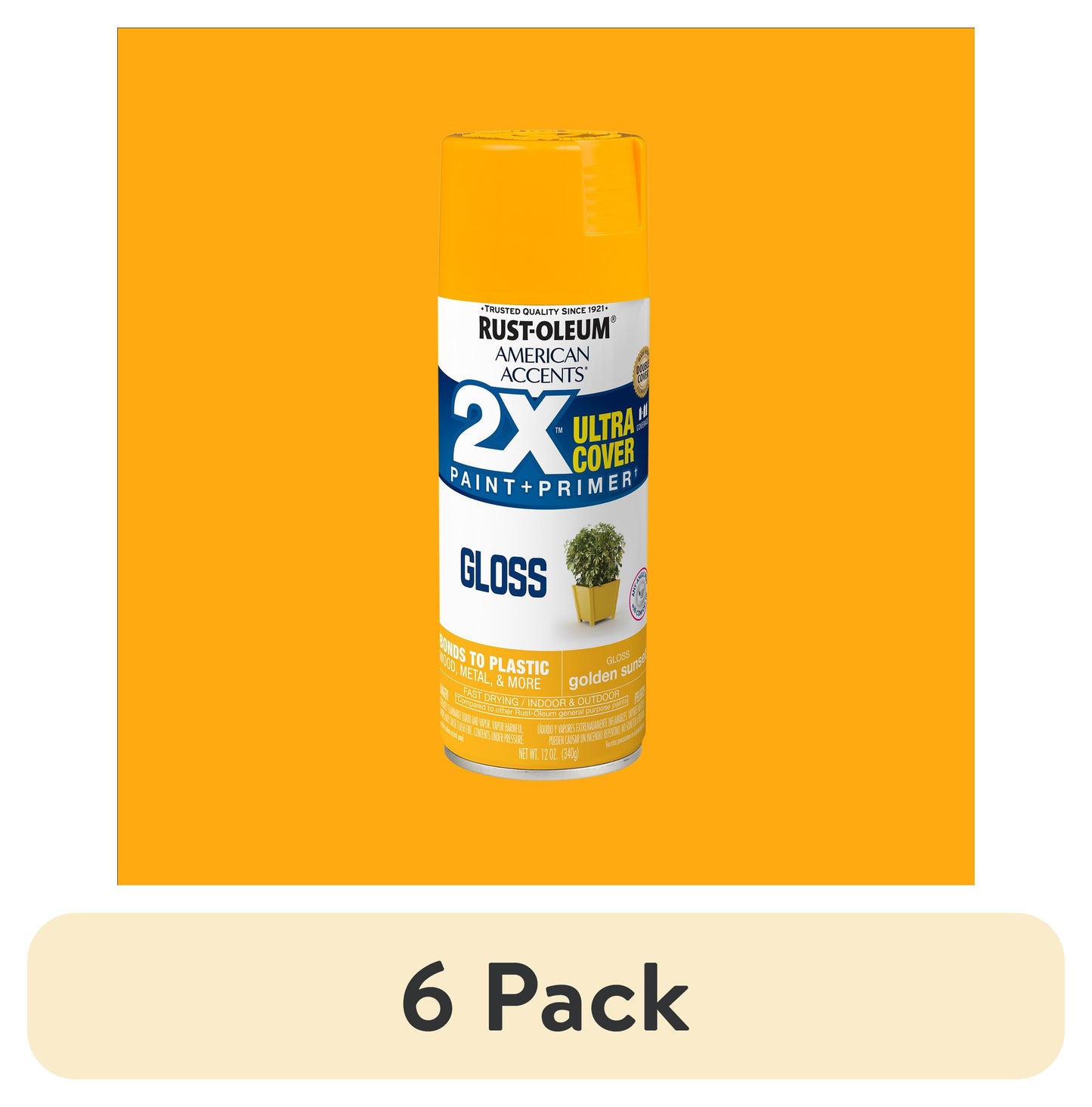 (6 pack) Golden Sunset, Rust-Oleum American Accents 2X Ultra Cover Gloss Spray Paint-327884, 12 oz