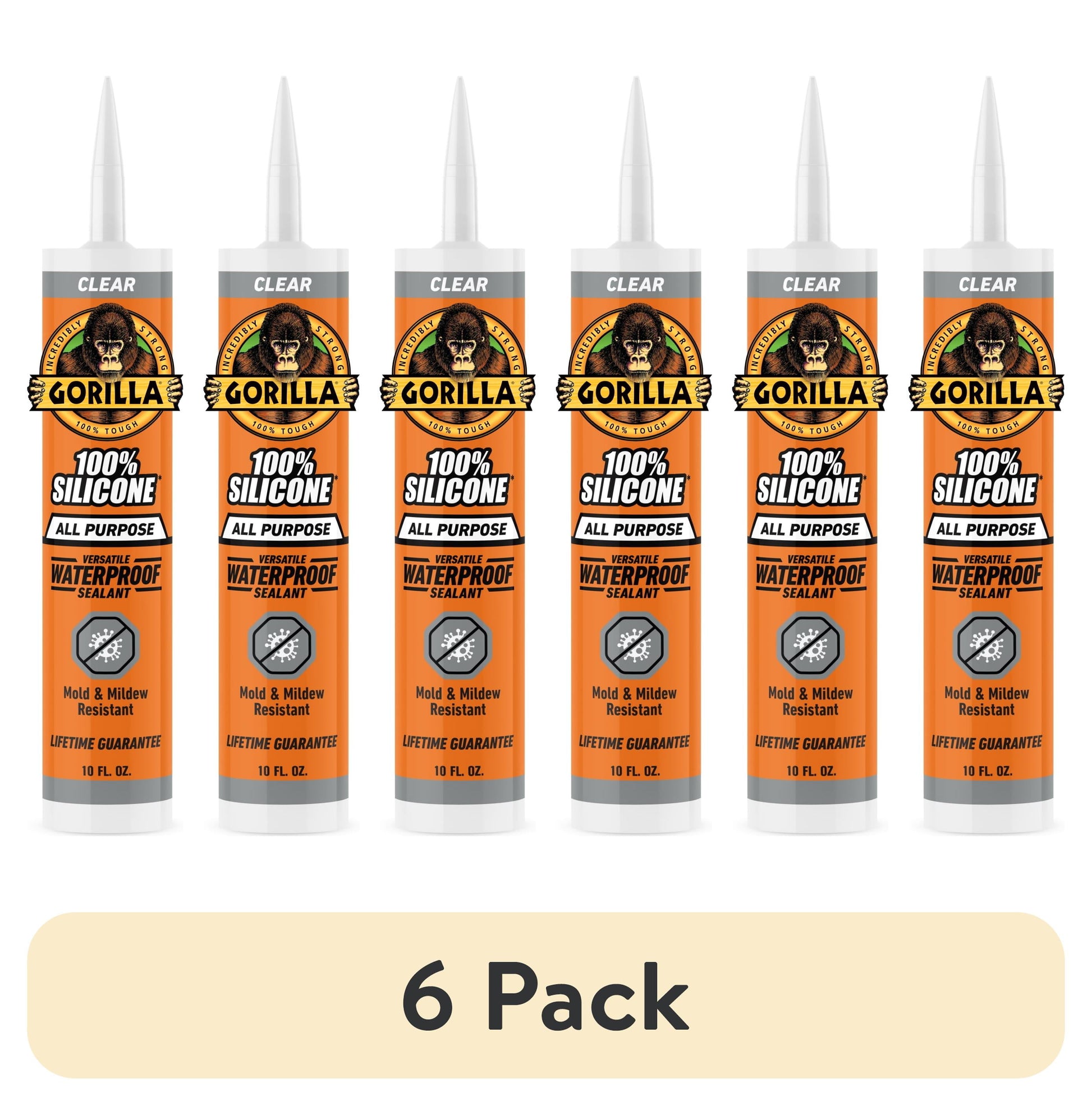 (6 pack) Gorilla Waterproof Caulk & Seal Silicone Sealant, 10oz Cartridge - Clear Caulking Sealant for Kitchen, Window, Bath, Marine, Door and More