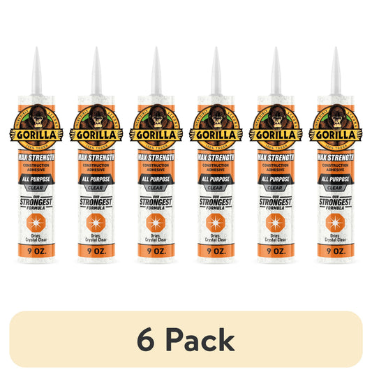 (6 pack) Gorilla Glue Clear Max Strength Construction Adhesive, 9 Ounce Size Cartridge, 1 Count. Model 8212302