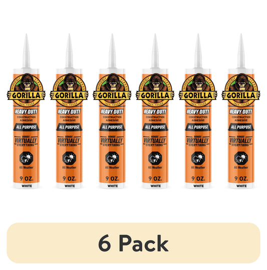 (6 pack) Gorilla Heavy Duty White Construction Adhesive, 9 oz Cartridge