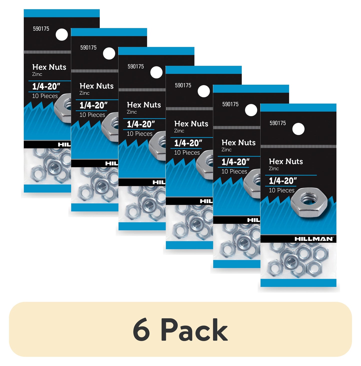 (6 pack) Hillman Hex Nuts, 1/4-20", Corrosion Resistant, Steel, Zinc Finish, Silver, 10 pack