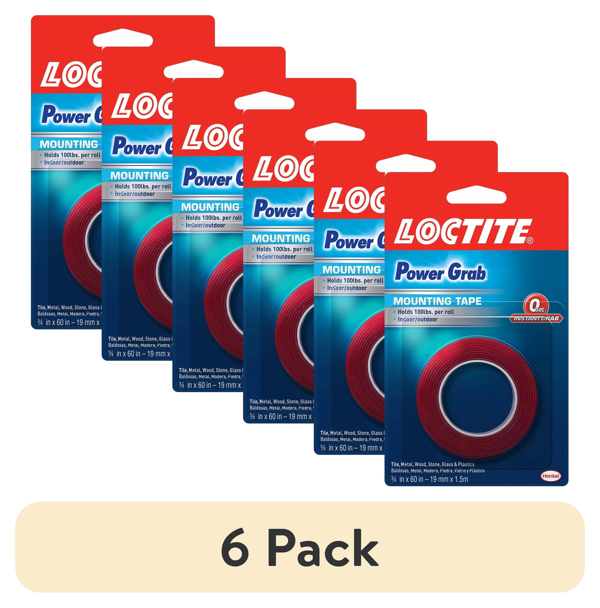 (6 pack) Loctite Power Grab Mounting Tape, 0.75 in x 60 in, Red 60 inches Roll