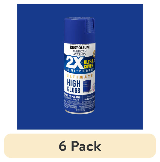 (6 pack) Macaw Blue, Rust-Oleum American Accents 2X Ultra Cover High Gloss Spray Paint-344689, 12 oz