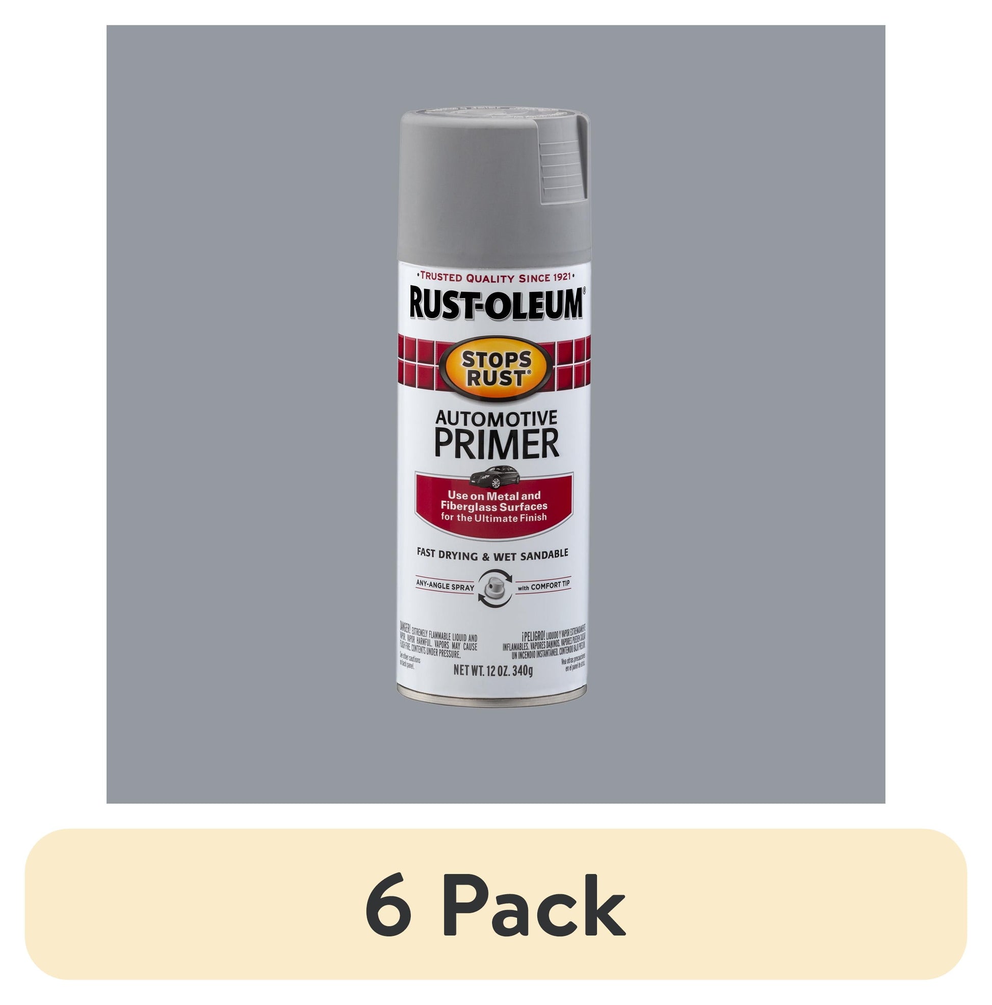 (6 pack) Light Gray, Rust-Oleum Stops Rust Automotive Primer Flat Spray Paint-2081830, 12 oz