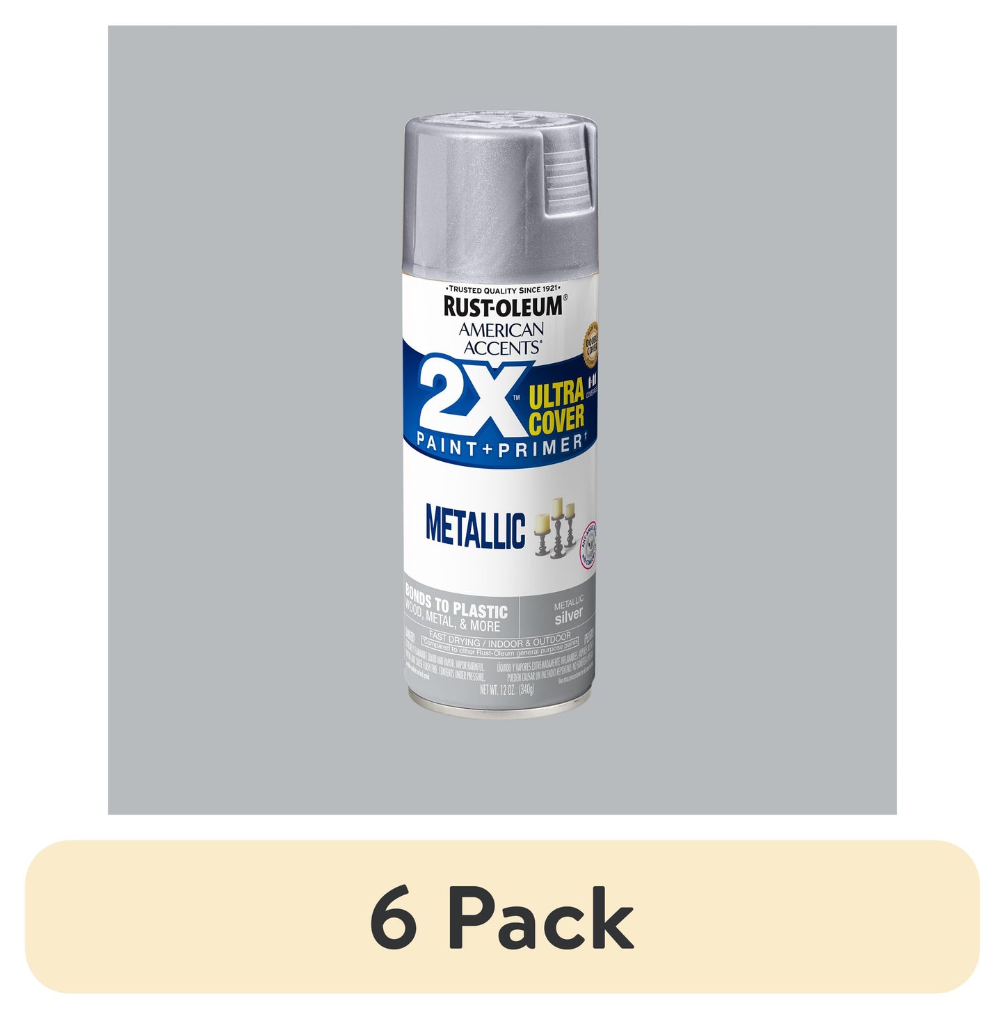(6 pack) Silver, Rust-Oleum American Accents 2X Ultra Cover Metallic Spray Paint-327910, 12 oz