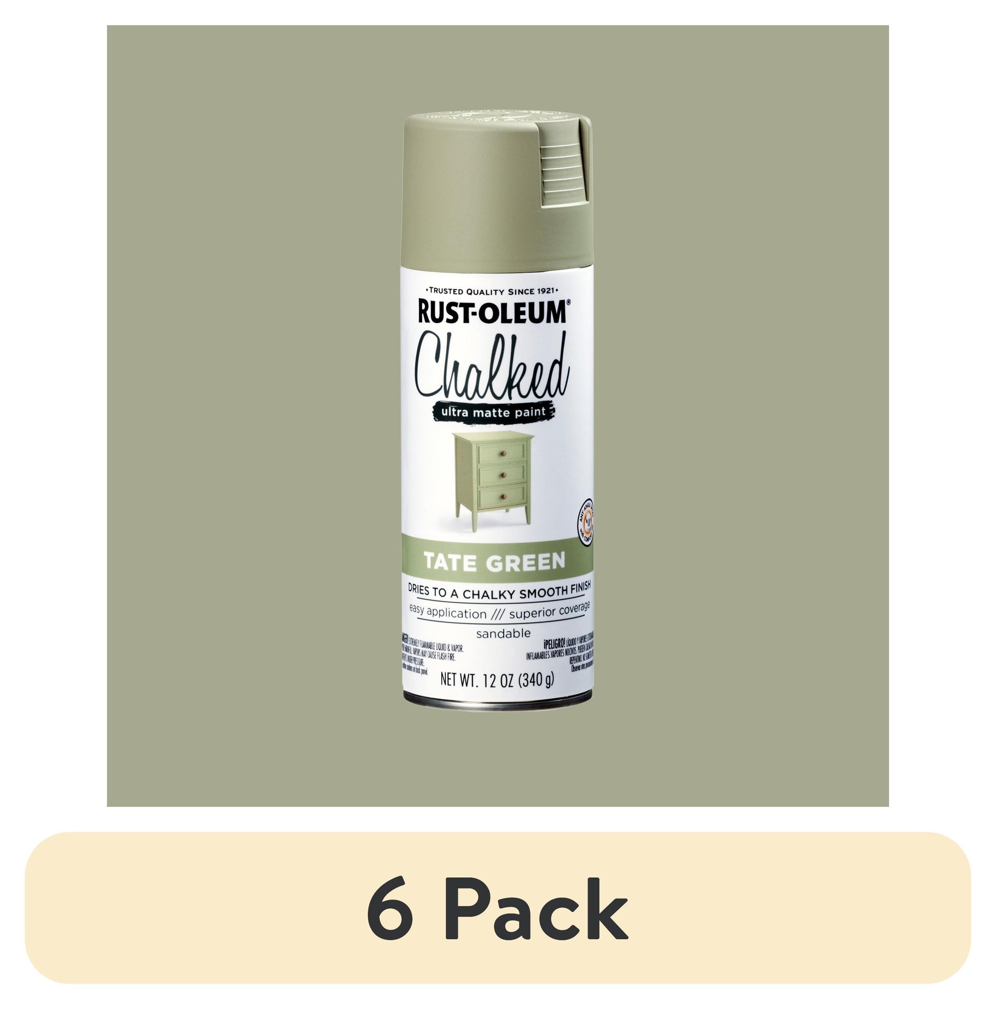(6 pack) Tate Green, Rust-Oleum Chalked Ultra Matte Spray Paint-374163, 12 oz