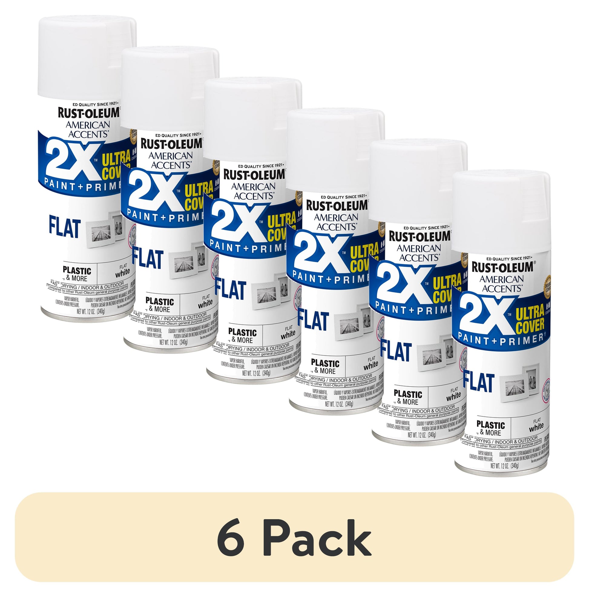 (6 pack) White, Rust-Oleum American Accents 2X Ultra Cover Flat Spray Paint-327868, 12 oz