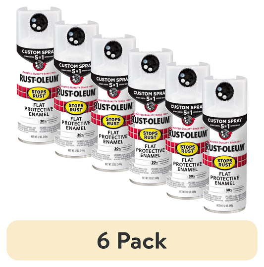 (6 pack) White, Rust-Oleum Stops Rust Custom Sprays 5 in 1 Flat Spray Paint-376856, 12 oz