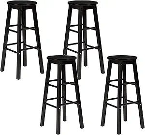 PJ Wood Classic Round-Seat 24" Tall Kitchen Counter Stools for Homes, Dining Spaces, and Bars with Backless Seats, Square Legs, Black (4 Pack)