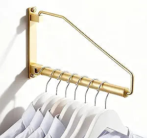 NEWRAIN Folding Wall Mounted Clothes Hanger Rack Clothes Hook Solid Brass with Swing Arm Holder Clothing Hanging System Closet Storage Organizer Heavy Duty Drying Rack Wall Mount,Brushed Gold