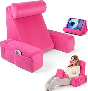 Pillow for Bed Sitting Up,Together with Tablet Pillow Stand,Reading Pillow with Detachable Armrests & Big Pockets,Ideal for for Resting,Reclining,Watching TV,Reading,Gaming,Nursing(Pink)
