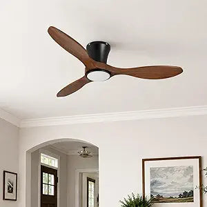 Skylike 42" Flush Mount Wood Ceiling Fan with Lights, 3 Blade Low Profile Farmhouse Ceiling Fan with Remote Control,Quiet Indoor/Outdoor Dark Walnut Ceiling Fan for Patio,Gazebo, Balcony, Living Room