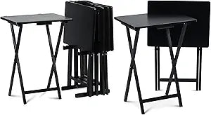 PJ Wood Solid Wood Construction Rectangle Folding Portable TV Snack Serving Tray Table with Compact Storage Rack, Black (Set of 7)