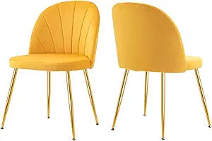 Velvet Kitchen Dining Chairs Set of 2, Armless Reception Guest Chair, Home Office Desk Chair Without Wheels, Living Room Bedroom Accent Chair Set, Gold Finish, Yellow