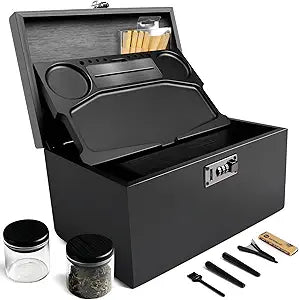 Extra Large Bamboo Stash Box with Combination Lock, Smell Proof Tube & Jar, Storage Containers with Brush & Tray, Great Home Decor & Fathers Day Gift