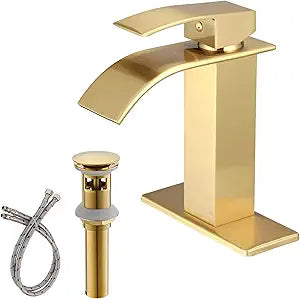 BWE Brushed Gold Bathroom Faucet Modern Waterfall Single Hole Faucet for Bathroom Sink Single Handle with Pop Up Drain with Overflow Assembly and Supply Line Lavatory Bath Faucet